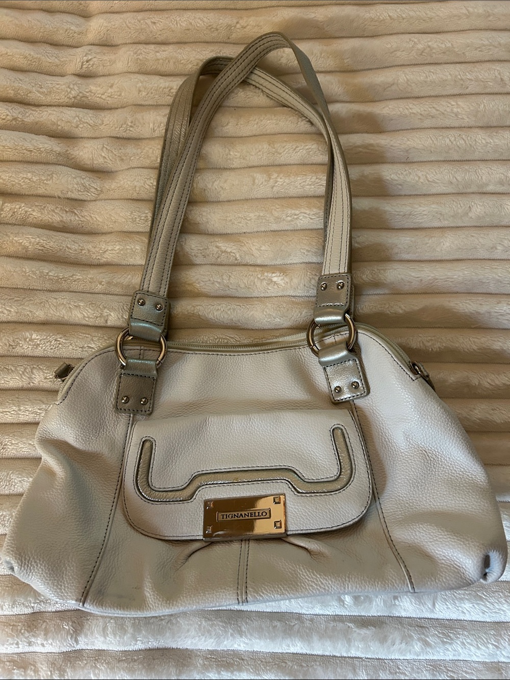Tignanello Ivory Pebbled Leather Shoulder Bag with Gold Hardware